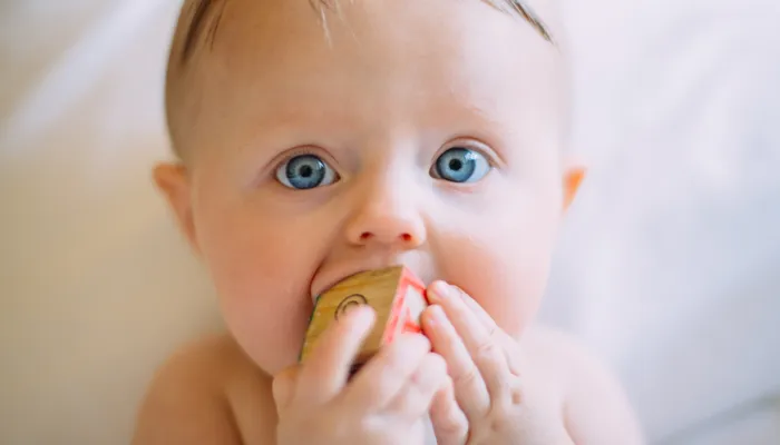 Young baby with bright blue eyes playing with a wooden block