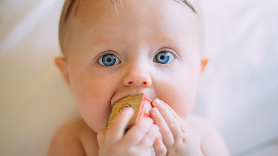 Young baby with bright blue eyes playing with a wooden block