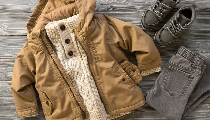 Child's winter outfit laid out on a wooden surface, including a tan hooded jacket, cream cable-knit sweater with buttons, gray trousers, and gray lace-up boots. The clothing items are arranged neatly and show a coordinated cold-weather ensemble
